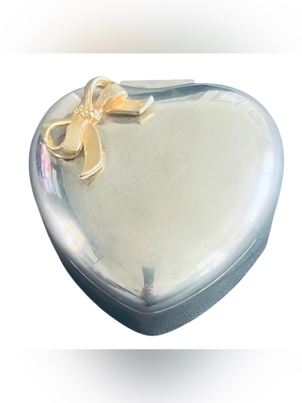 Vintage Silver Plated Heart Jewelry Box Musical Gold Bow Velvet Lined Works